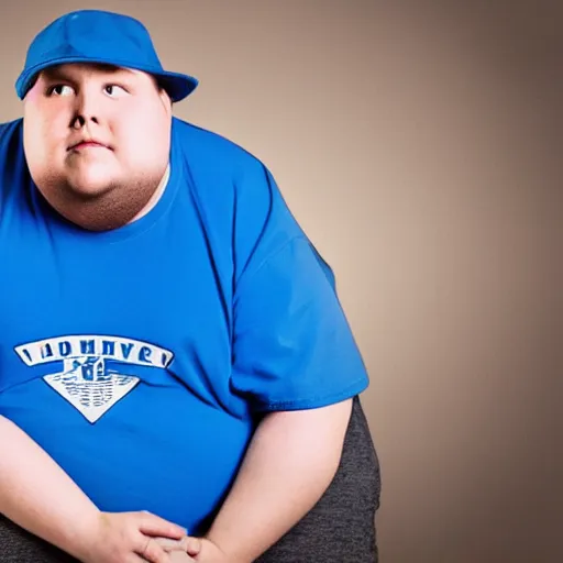 Image similar to very obese man with a t-shirt and blue cap with the letter P, skateboarding