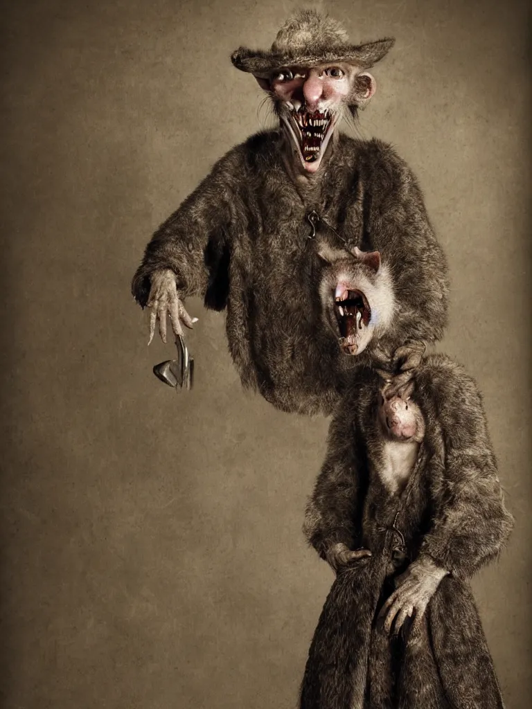 Image similar to 20mm f8 full body portrait photography of a grinning humanoid evil emaciated opossum sheriff in medieval Scotland, by erwin Olaf