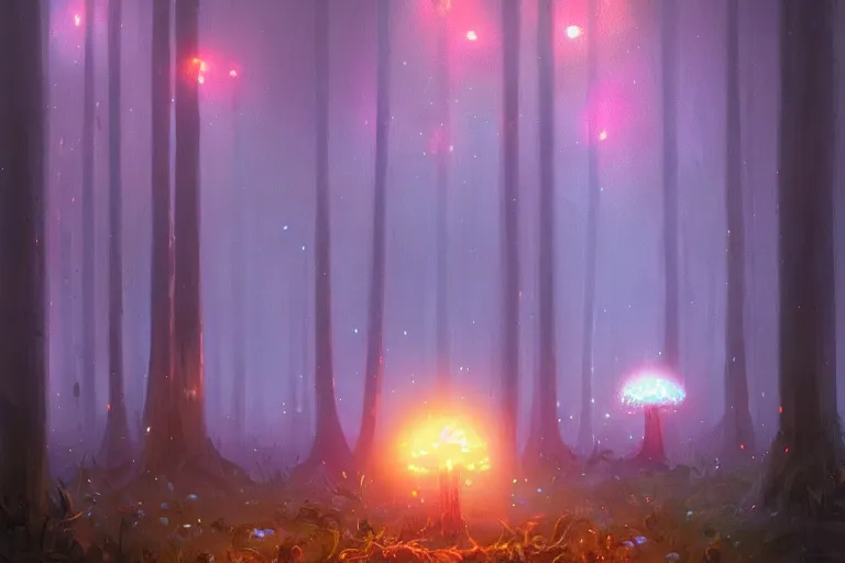 Prompt: Night forest with mushrooms of different sizes glowing with different colors, by greg rutkowski, trending on artstation