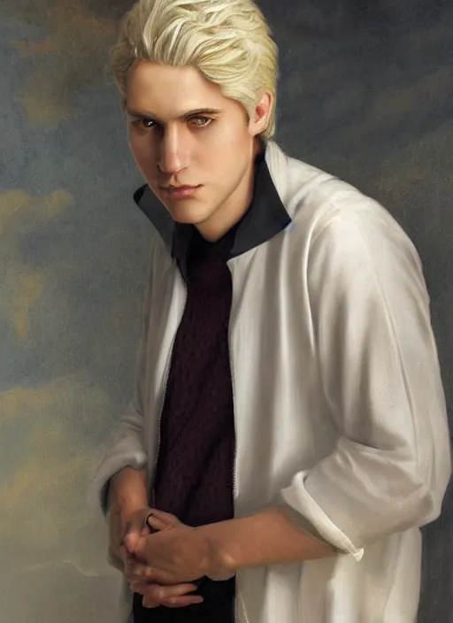 Prompt: close-up portrait of young white male wizard, with blonde white hair, asymmetric cut, with pearl necklace and pearl earing, in the museum, in white turtleneck shirt, painting in the museum, highly detailed, sharp focus, digital painting, artwork by Kinkade, by Victor Adame Minguez by Yuumei by Tom Lovell by Leyendecker by Sandro Botticelli