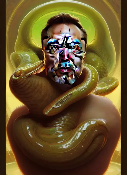 Image similar to elon musk as slimy mollusk, portrait, intricate, elegant, highly detailed, digital painting, artstation, concept art, wallpaper, smooth, sharp focus, illustration, art by artgerm and greg rutkowski and alphonse mucha