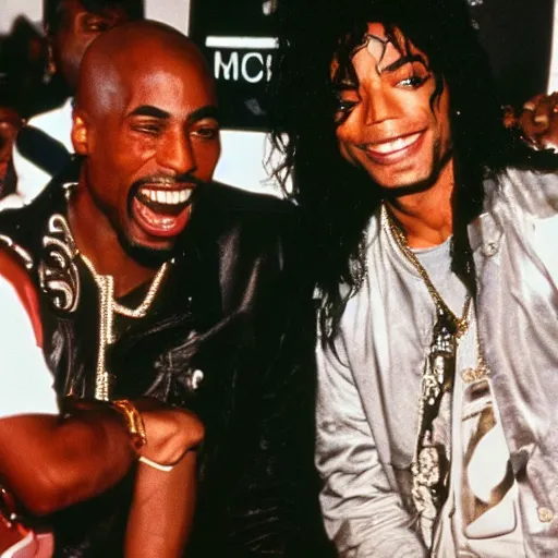 Prompt: michael jackson smiling at tupac ( 1 9 9 0 ), 4 k