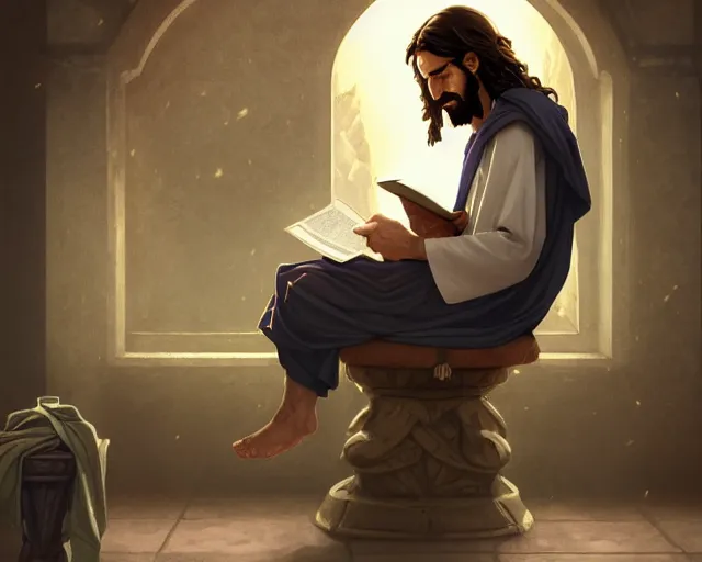 Image similar to photography of jesus christ sitting on a toilet reading manga, deep focus, d & d, fantasy, intricate, elegant, highly detailed, simple background, digital painting, artstation, concept art, matte, sharp focus, illustration, hearthstone, art by artgerm and greg rutkowski and alphonse mucha