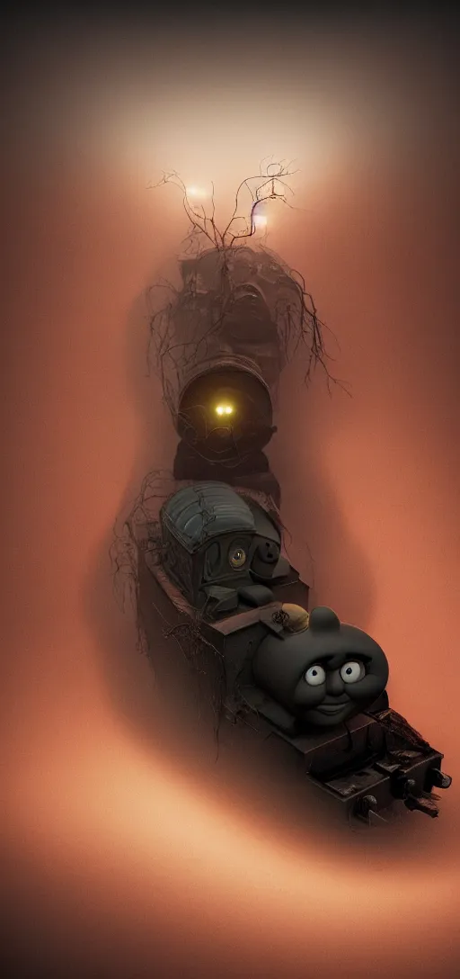 Image similar to thomas the tank engine in style of zdzisław beksinski, extremely dramatic lighting, 8 k, tendrils, black, darkness, black slime tendrils, infected, rust, body horror, thomas the train, thomas the tank engine face, horror,