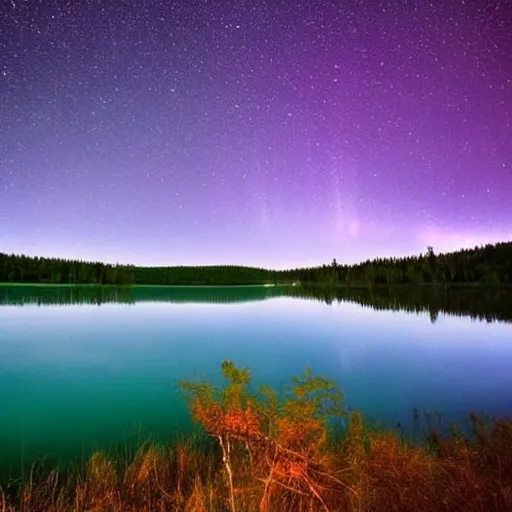 Image similar to a lake in the woods, night time, starry sky, aurora borealis, wide lens, beautiful scenery