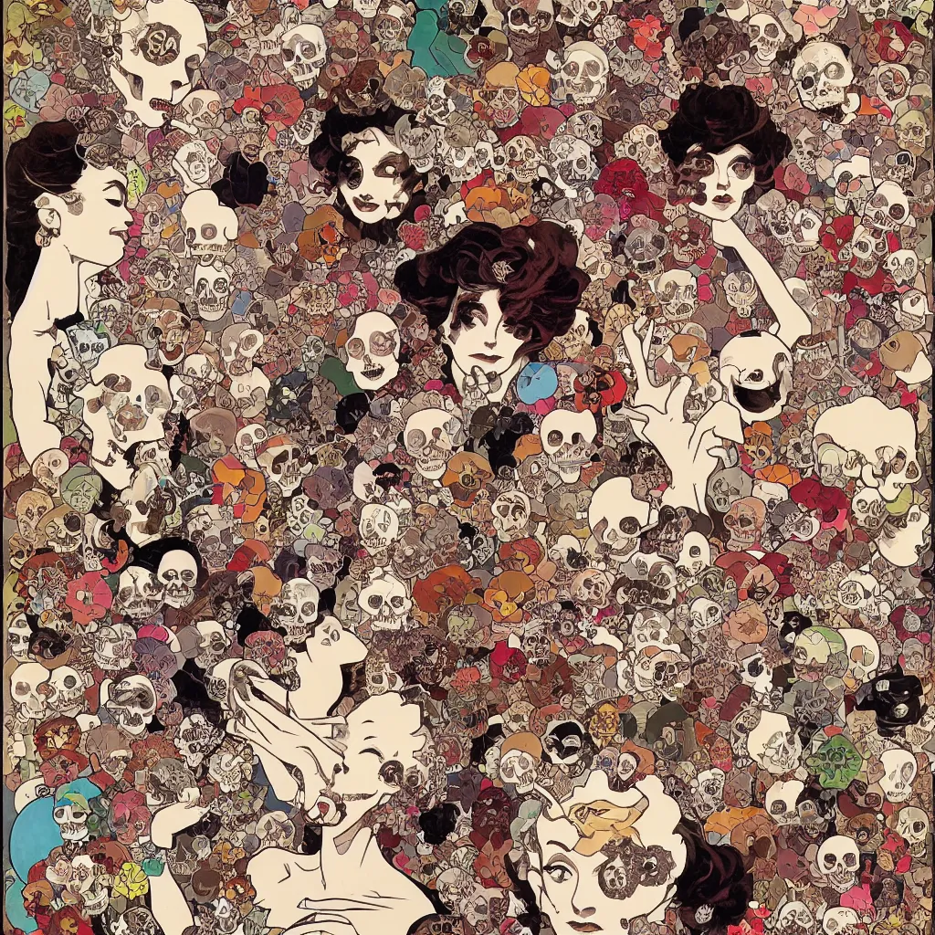 Image similar to manga skull portrait girl female skeleton marilyn monroe realism hyperrealistic art Geof Darrow and will cotton alphonse mucha pop art nouveau