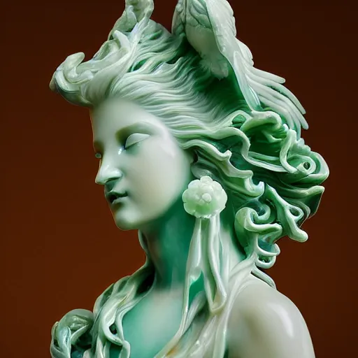 Image similar to a closeup photo, rococo alabaster and jade real delicate ceramic porcelain sculpture of an ornate detailed phoenix goddess in front of an intricate background by rafael, micro detail, backlit lighting, subsurface scattering, translucent, thin porcelain, emerald, jade, octane renderer, colorful, physically based rendering, trending on cgsociety