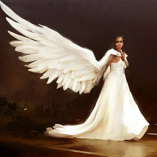 Image similar to Painting by Greg Rutkowski, an opera singer in a white dress with wings on stage