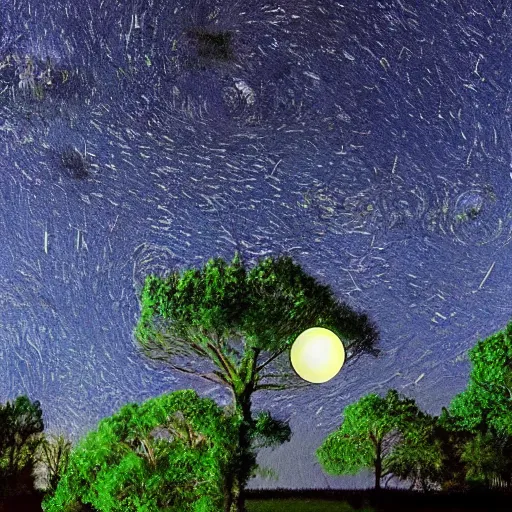 Image similar to in the starry night sky, there is a small planet that is covered in large trees