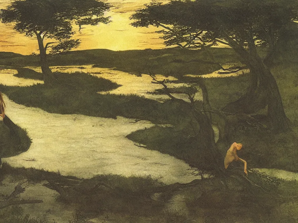 Image similar to Young woman swimming in a turbulent river at sunset. Acacia trees in the wind, blinding lightning strikes. Painting by Lucas Cranach, Andrew Wyeth