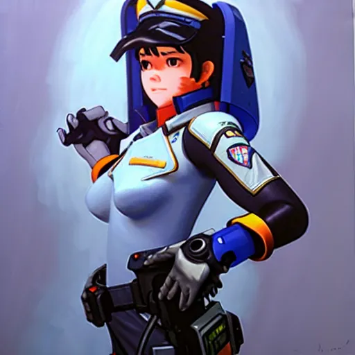 Image similar to D.VA from Overwatch wearing a police uniform, holding handcuffs in one hand Blizzard Concept Art Studio Ghibli. oil paint. 4k. by brom.