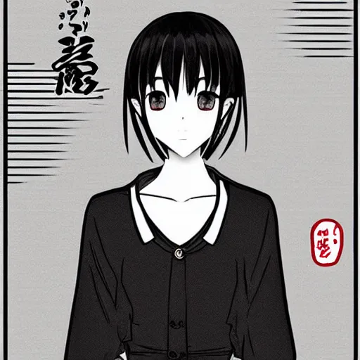 Image similar to “Detailed manga art of a beautiful Japanese girl holding a knife; loving expression; school uniform; high contrast; clean, sharp”