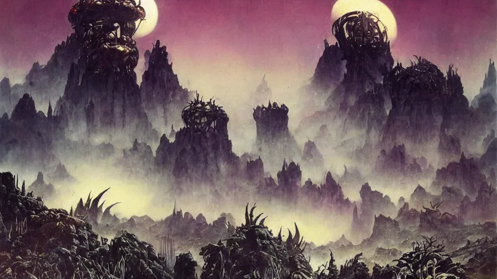 Image similar to surreal eerie alien planet empire with strange biomechanical plants by frank frazetta and bruce pennington, cinematic matte painting