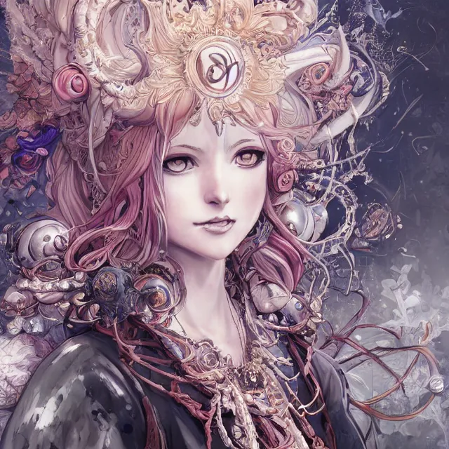 Image similar to the portrait of chaotic good female druid alchemist as absurdly beautiful, gorgeous, elegant, young anime girl, an ultrafine hyperdetailed illustration by kim jung gi, irakli nadar, intricate linework, sharp focus, bright colors, octopath traveler, final fantasy, unreal engine 5 highly rendered, global illumination, radiant light, detailed and intricate environment