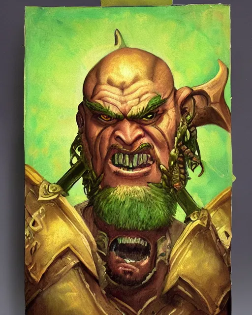 Prompt: a renaissance style portrait painting of a world of warcraft orc, garrosh hellscream, holding green fire. top left warm lighting