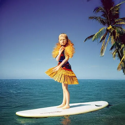 Image similar to The computer art depicts a young girl in a traditional hula outfit. She is standing on a surfboard in front of a beautiful ocean landscape. midday by Tim Walker, by Ed Emshwiller organic