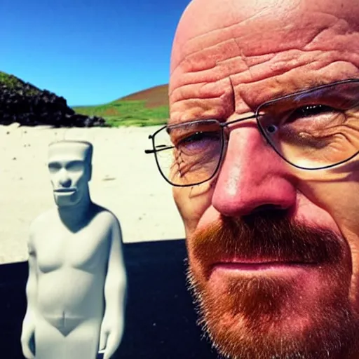 Image similar to walter white taking a selfie on rapa nui