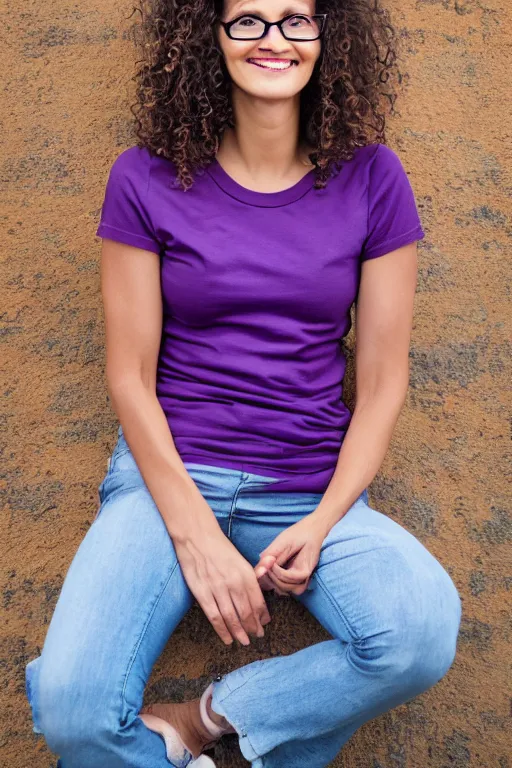 KREA - tall skinny 40 year old woman sitting, brown shoulder length curly  hair , small breasts, small rectangular glasses, square jaw, slender face,  gentle wide smile, violet coloured t-shirt