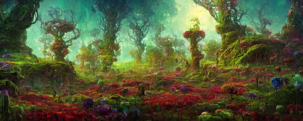 Image similar to ” whimsical world of flowers, trees, twisted roots and happiness, [ by paul lehr, cinematic, detailed, epic, widescreen, opening, establishing, mattepainting, photorealistic, realistic textures, octane render ] ”