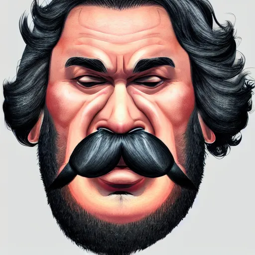 Image similar to face portrait a big beefy man with a large face, thick dark hair, a bushy black moustache, with hardly any neck and mean little eyes, highly detailed, sharp focus, trending on art station, colourful drawing