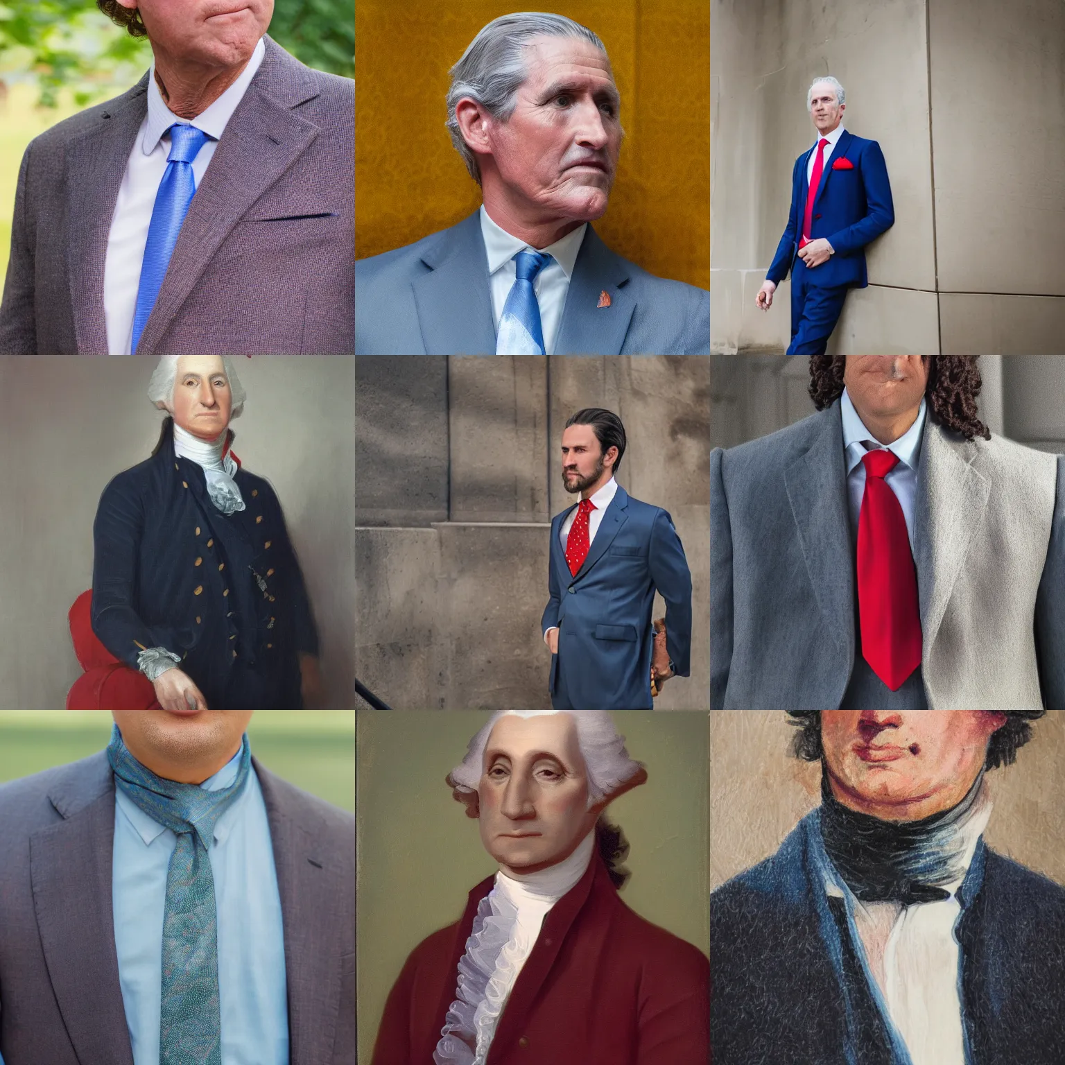 Prompt: facial portrait of modern contemporary george washington, windsor knot tie, blue suit, red tie, iq 4, f / 1. 4, iso 2 0 0, 1 / 1 6 0 s, 8 k, sense of depth, in - frame, 2 0 2 2