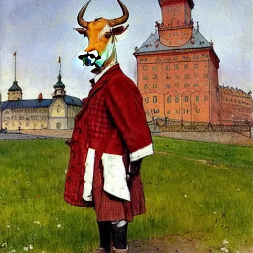 Image similar to painting by carl larsson, cow, dressed, anthropomorphic!!, wearing!!! clothes!!!, standing next to royal castle!!!