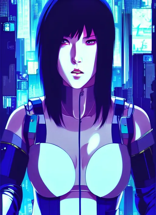 Image similar to a film still portrait of a motoko kusanagi ghost in the shell, finely detailed features, closeup at the faces, perfect art, at a cyberpunk city, gapmoe yandere grimdark, trending on pixiv fanbox, by ilya kuvshinov, rossdraws, artgerm