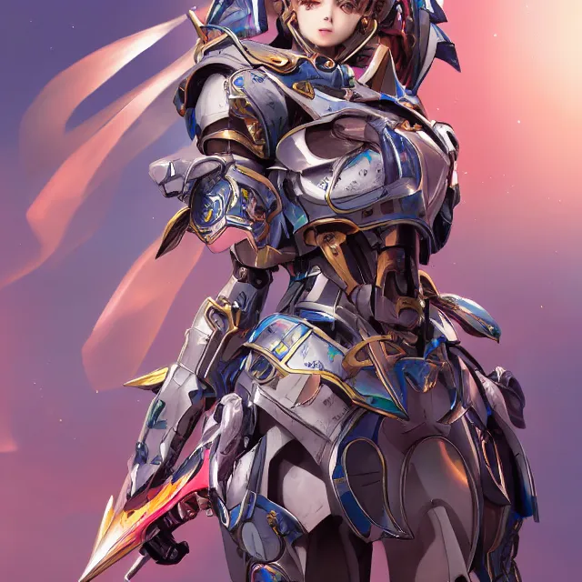 Image similar to studio portrait of lawful good colorful female holy mecha paladin absurdly beautiful, elegant, young cute anime girl, ultrafine hyperrealistic detailed face illustration by kim jung gi, irakli nadar, intricate linework, sharp focus, bright colors, matte, octopath traveler, final fantasy, unreal engine highly rendered, global illumination, radiant light, intricate environment