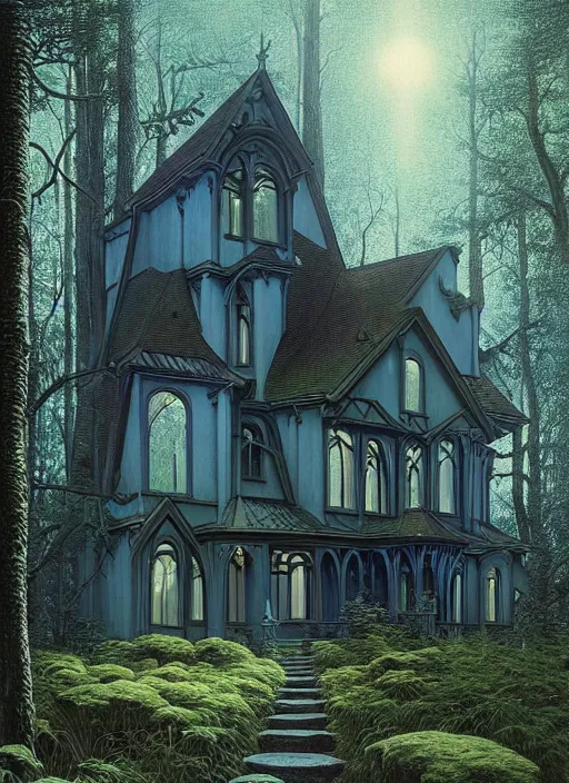 Image similar to hyper realistic witchy modern gothic house with mood lighting and tech in the woods gorgeous lighting, sunbeams blue sky, highly detailed, lush forest foliage painting by zdzisław beksinski and norman rockwell and greg rutkowski weta studio, and lucasfilm