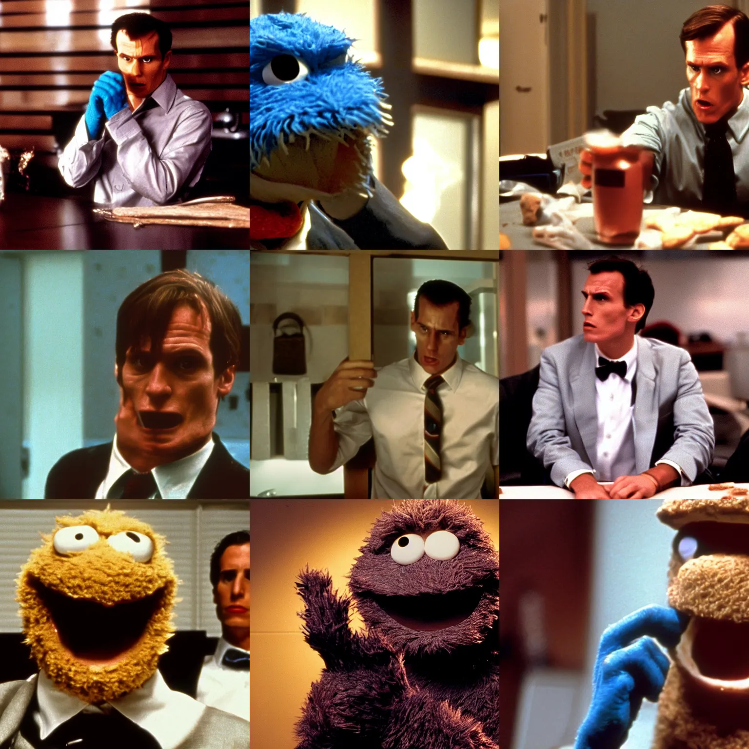 Prompt: A still of Cookie Monster in American Psycho (2000), HD photo
