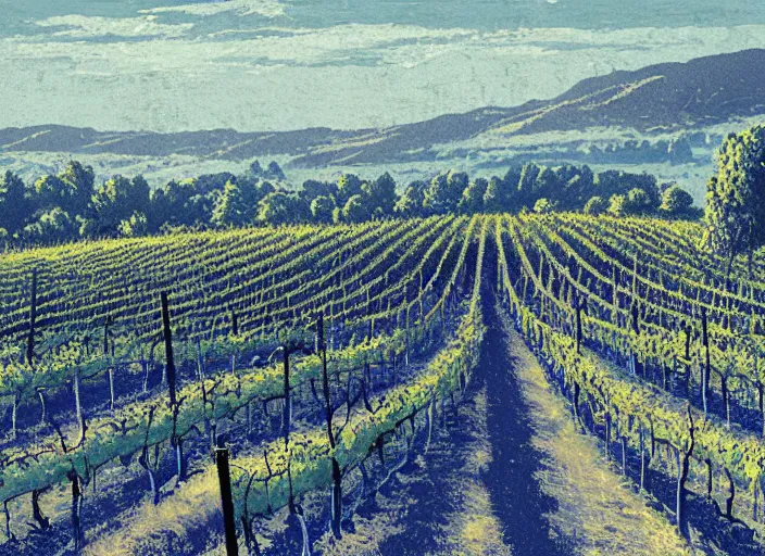 Image similar to blue woodcut vineyard landscape by greg rutkowski, fine details, highly detailed