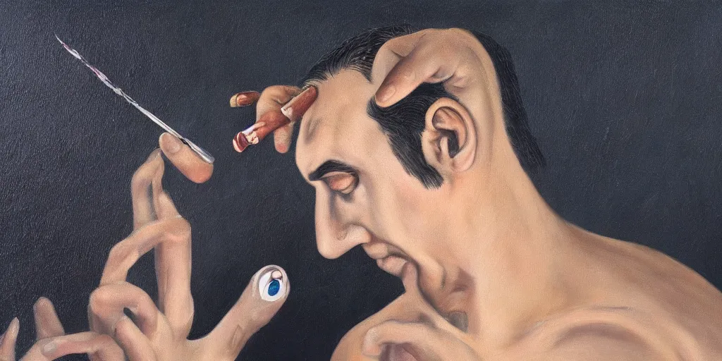 Image similar to a surreal painting of a man removing a nail from the middle of his forehead where he has a third eye