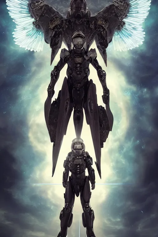 Image similar to portrait of master chief as a one winged angel with a halo behind her, catholic religious art, ornate fractal cloud, sacred, nebula, halo, strong, seductive, imposing, biomechanical, biblical, by moebius and greg rutkowski and artgerm, octane render, trending on artstation