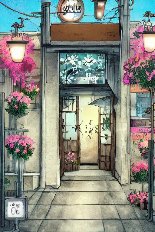 Prompt: a little flower shop's front gate, nostalgic, digital illustration, dramatic lighting, pixiv