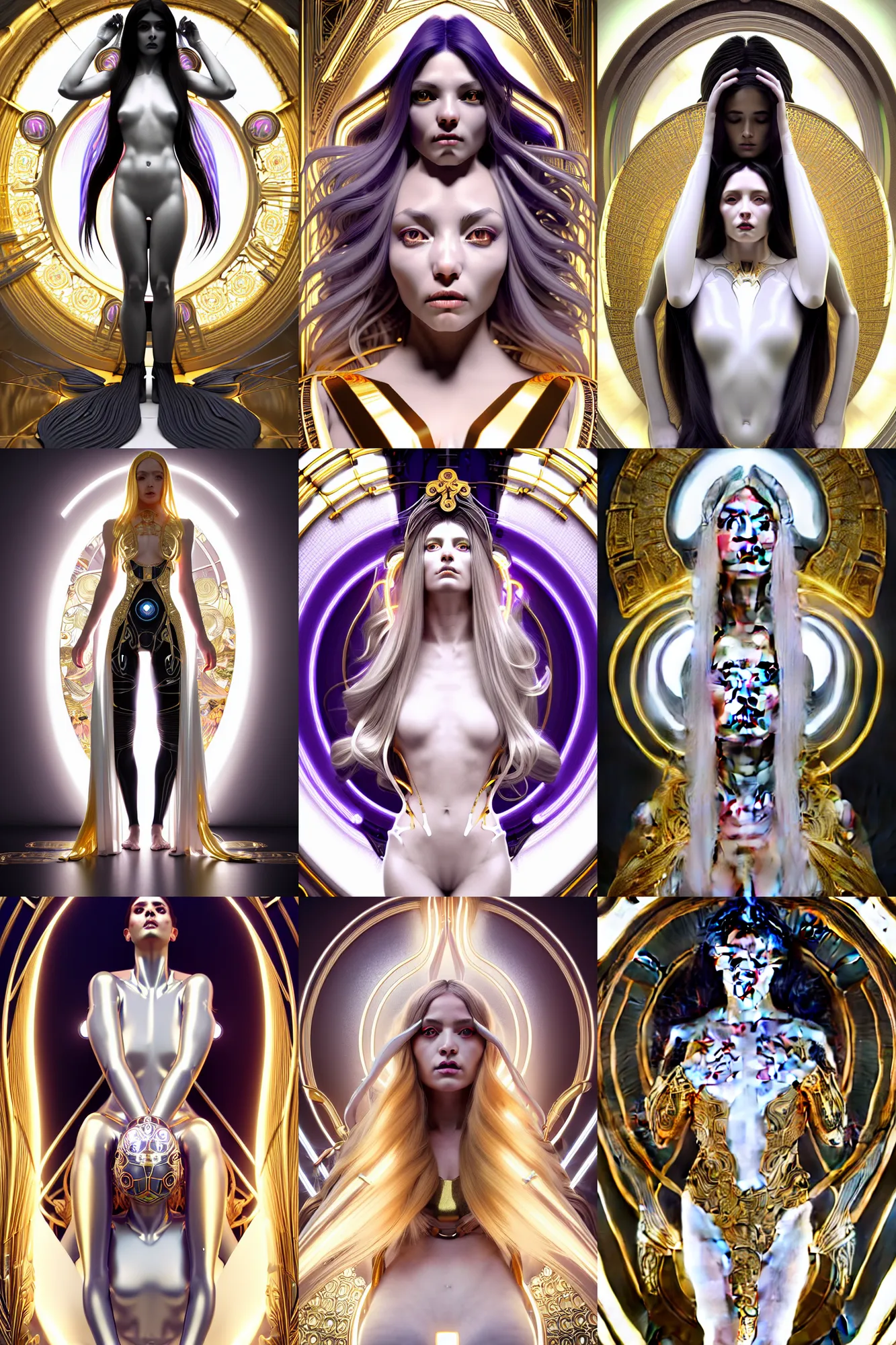 Prompt: symmetrical feminine cyborg goddess rendered in Cinema 4D, elegant and ornate futuristic silk robes, glowing white neon eyes, platinum, gold & obsidian flowing long hair, art by Artgerm and Alphonse Mucha, hyperrealism, full body photogenic shot, digital realistic render, cinematic lighting, beautiful face, 8k resolution, masterpiece work