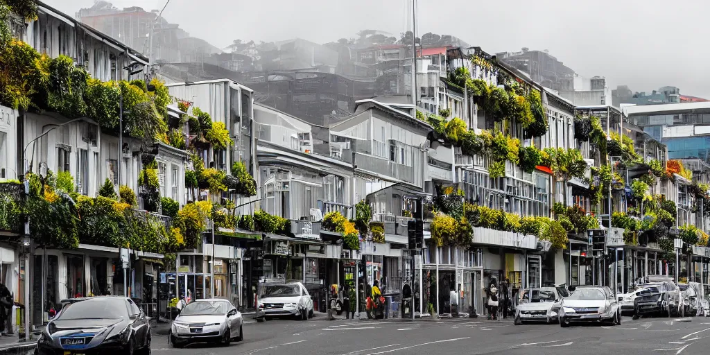 Image similar to a street in wellington new zealand where multiple buildings are covered in living walls made of endemic new zealand plant species. patrick blanc. people walking on street in raincoats. cars parked. windy rainy day. colonial houses