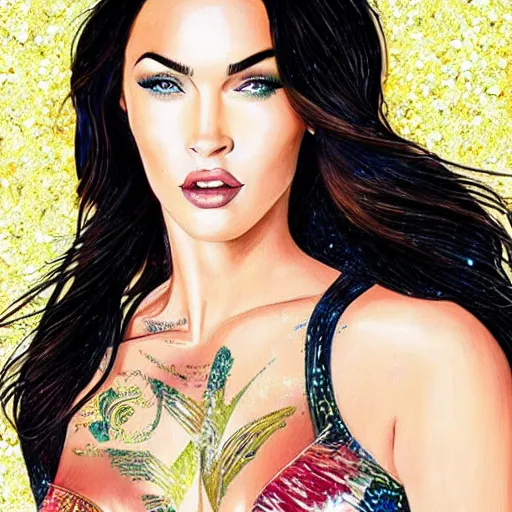 Prompt: “Megan Fox glitter paints paintings, glitter background, ultra detailed portrait, 4k resolution”