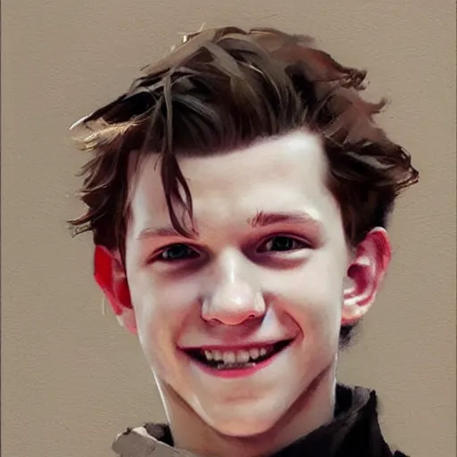 Prompt: smiling cute tom holland by ruan jia, portrait