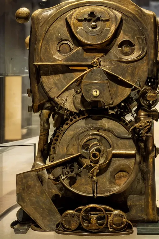 Prompt: a martian artifact of a mechanical astrological machine in a museum with a description placard, bronze, old, alien, verdigris, mechanical, museum display