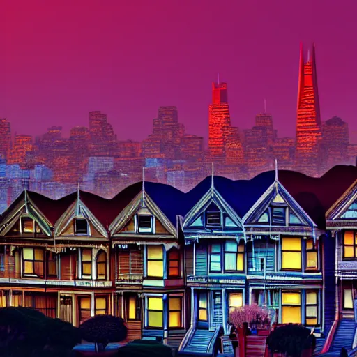 Image similar to a photograph of the painted ladies in san francisco at sunset artstation cyberpunk dreamscape high definition