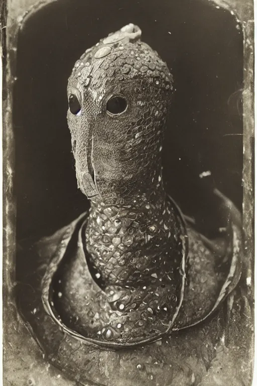 Image similar to a wet plate photo of an anthropomorphic snake dressed for the kings court