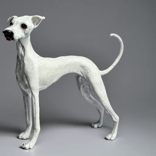 Image similar to porcelain whippet sculpture, pastel colors, depth of field, 8 k, hyper detailed, intricate