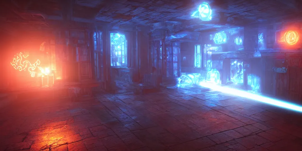 Image similar to screenshot of deathtrap dungeon, videogame, neon glow, lens flare, 8 k, unreal engine