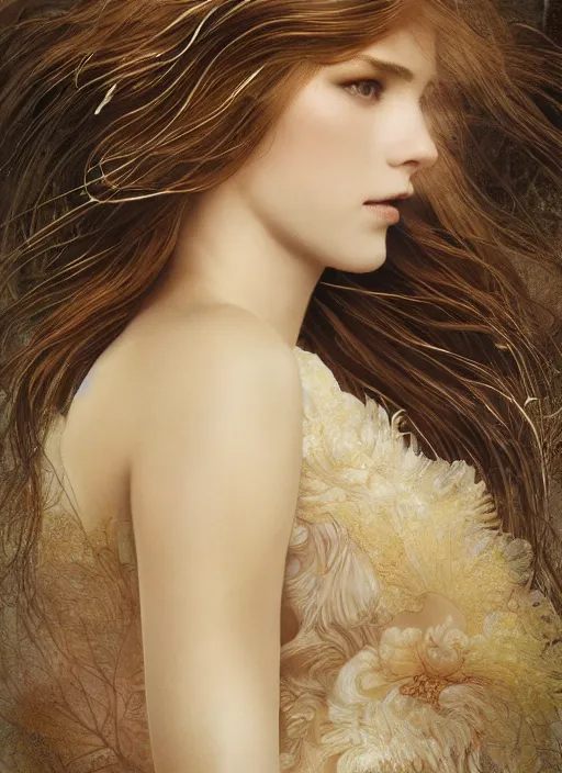 Prompt: pantene advertisement photography of a beautiful fashion model by mucha, extremely coherent, sharp focus, elegant, render, octane, detailed, award winning photography, masterpiece, rim lit