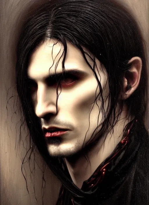 Image similar to highly detailed oil painting | very intricate | cinematic lighting | black, white and blood color scheme, dark background | portrait of a exquisite beautiful vampire man with long elegant tangles of black hair, eyes, gothic fog ambience, hyper realistic head, fantasy victorian art, in the style of greg rutkowski, zdizslaw beksinski, intricate, alphonse mucha