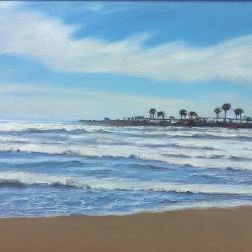 Prompt: san diego beach, oil on canvas, hyperrealism, photo realistic, artstation, centered, hdr