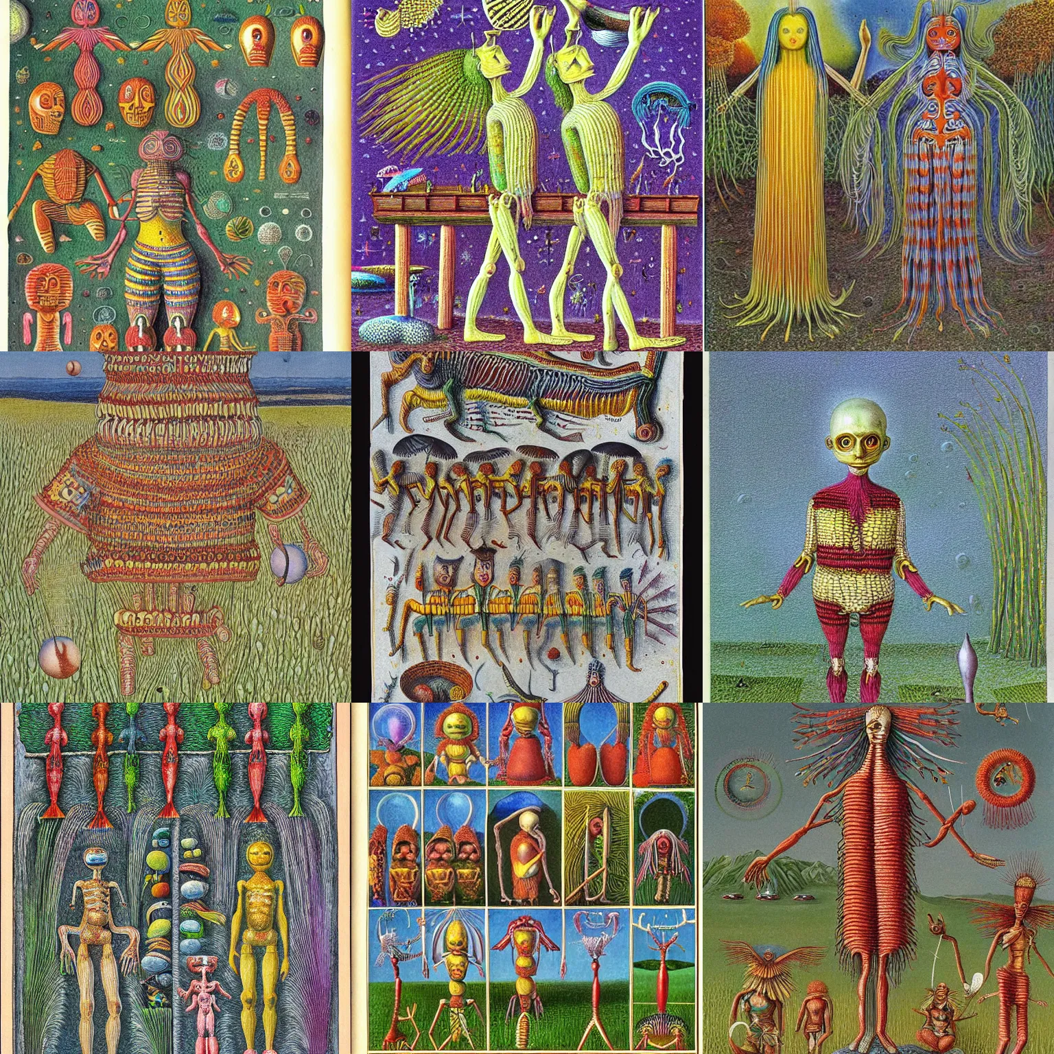 Prompt: scans of pages from the codex seraphinianus, depicting humanoid entities and objects of unknown significance and origin