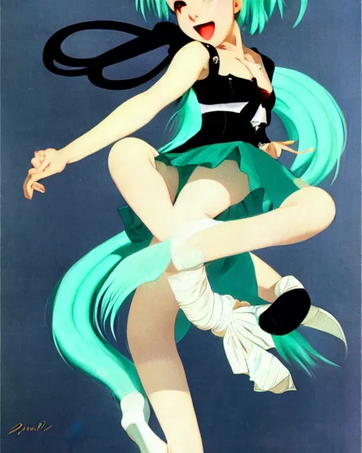 Image similar to hatsune Miku dancing by Gil Elvgren and Enoch Bolle