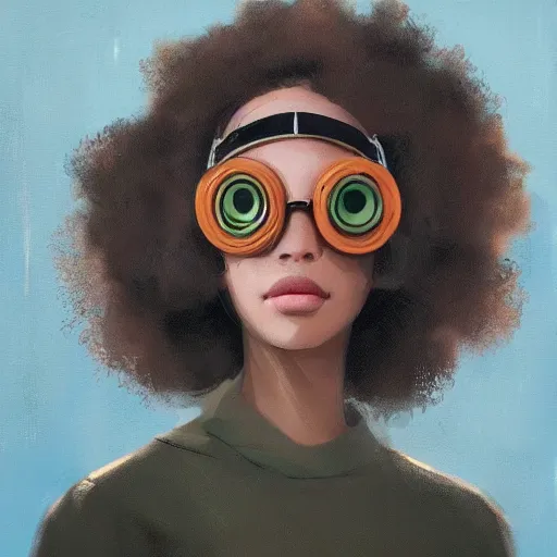 Image similar to Beautiful woman wearing goggles profile picture by Greg Rutkowski, brown skin, afro hair, asymmetrical, studio ghibli, Organic Painting , Matte Painting, geometric shapes, hard edges, street art, trending on the artstation, realistic by Sachin Teng,