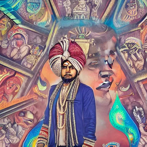 Image similar to a detailed and beautiful indian mural portrait of a futuristic emporer presiding over a robot army, cinematic